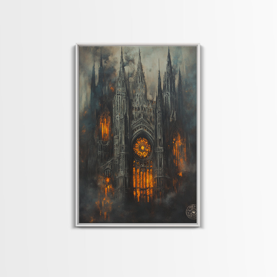 Burning Gothic Cathedral Canvas Print, Dark Fantasy Wall Art, Moody Architecture, Dark Academia Decor, Statement Artwork