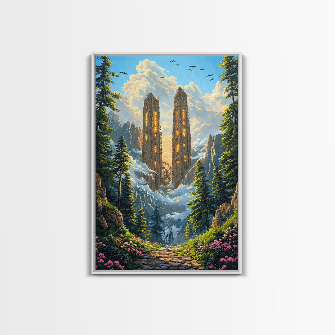 Twin Mountain Towers Canvas Print, Snowy Fantasy Landscape Wall Art, Pine Forest Decor, Large Wall Art, Living Room Decor