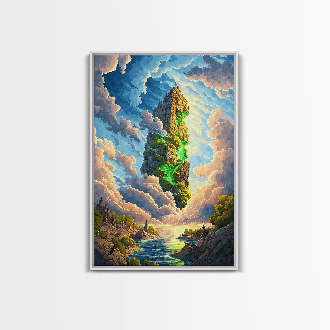 Floating Stone Tower Canvas Print, Magical Sky Island Wall Art, Fantasy Landscape, Coastal Decor, Statement Home Decor, Large Art