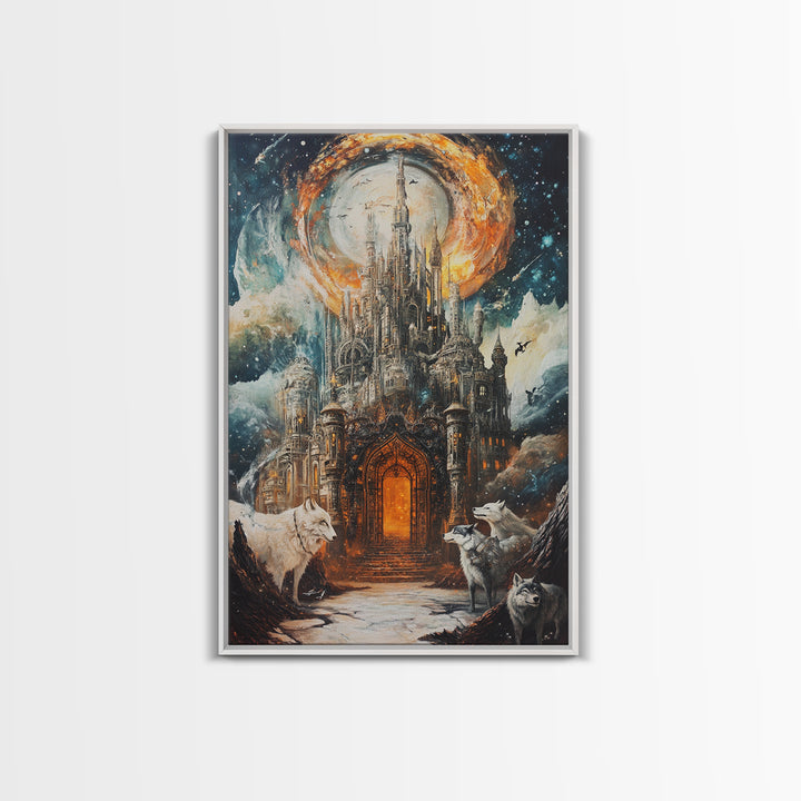 Gothic Moon Castle With Wolves Canvas Print, Fantasy Wall Art, Dark Academia Decor, Mystical Landscape, Gothic Home Decor