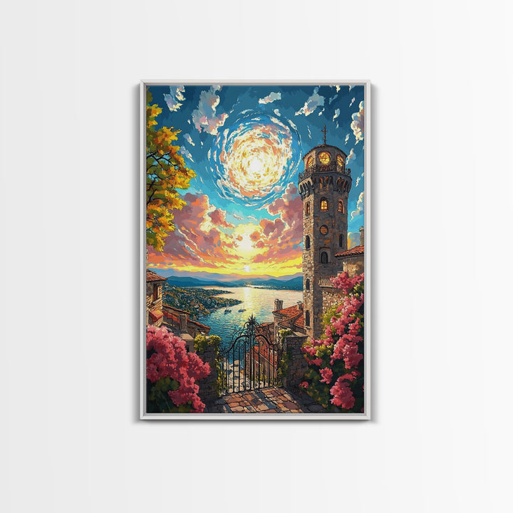 Lake Como Sunset Tower Canvas Print, Italian Coastal Wall Art, Mediterranean Decor, Travel Poster, Elegant Living Room Decor