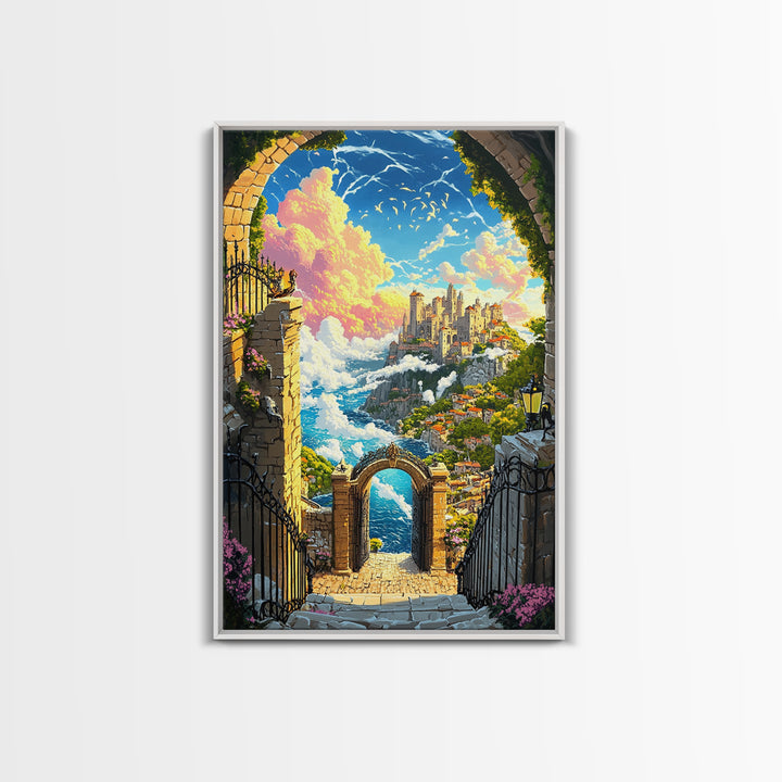Clifftop Castle Gateway Canvas Print, Fantasy Coastal Wall Art, Whimsical Landscape, Storybook Decor, Large Art Print, Home Decor