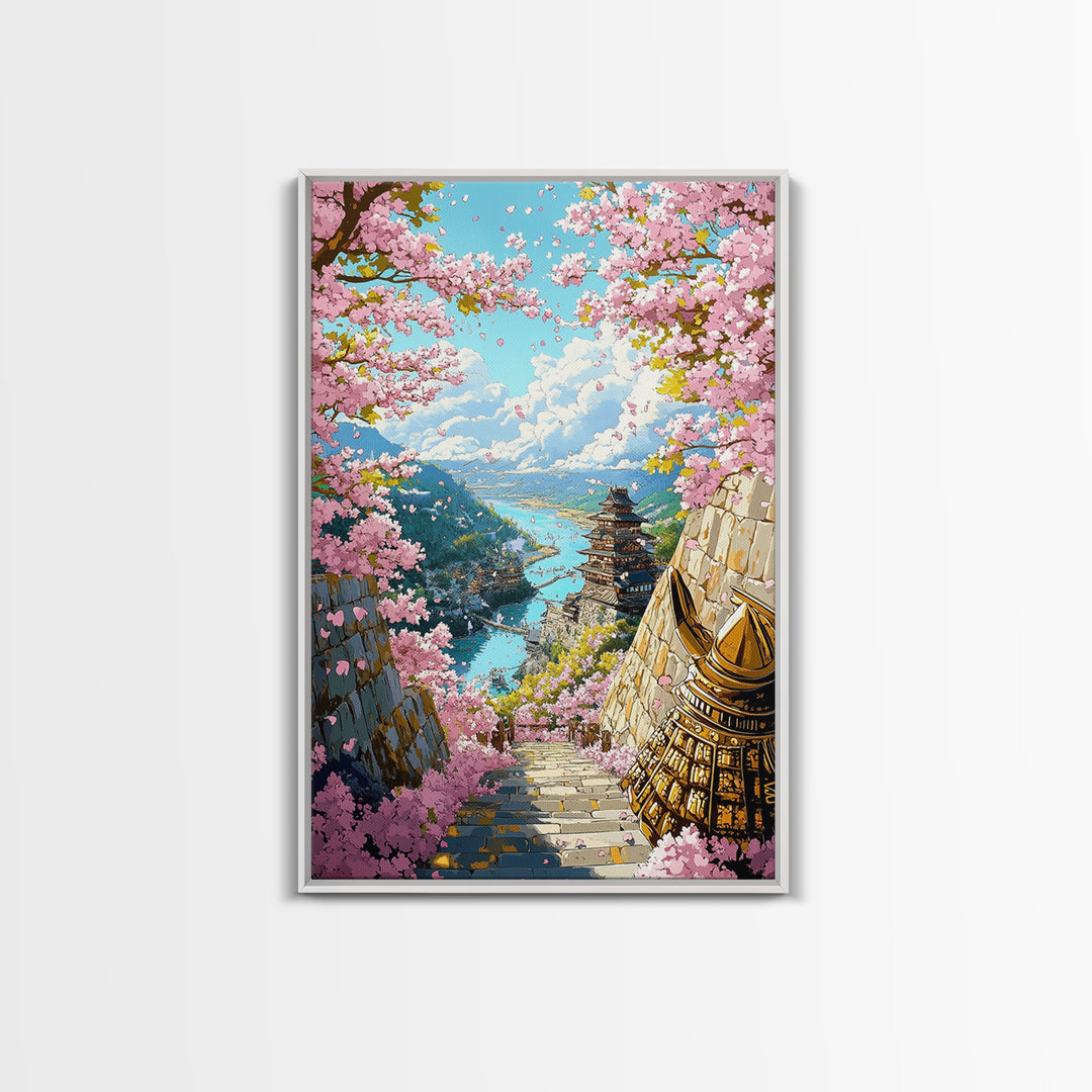 Cherry Blossom Pagoda Stairway Canvas Print, Japanese Wall Art, Samurai Decor, Spring Landscape, Zen Home Decor, Living Room Decor