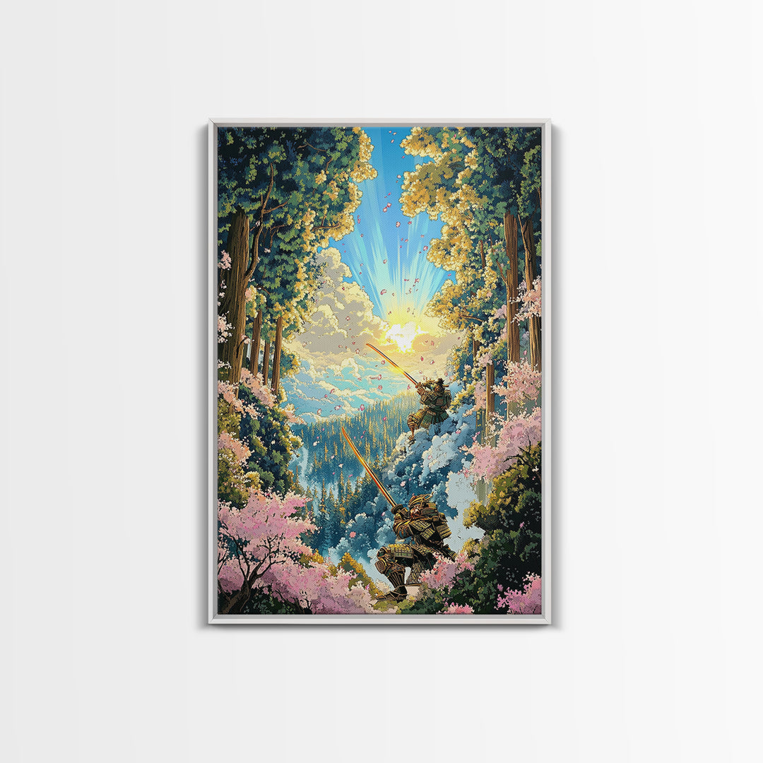 Samurai Forest Duel Canvas Print, Japanese Wall Art, Fantasy Landscape, Cherry Blossom Decor, Warrior Art, Adventure Poster