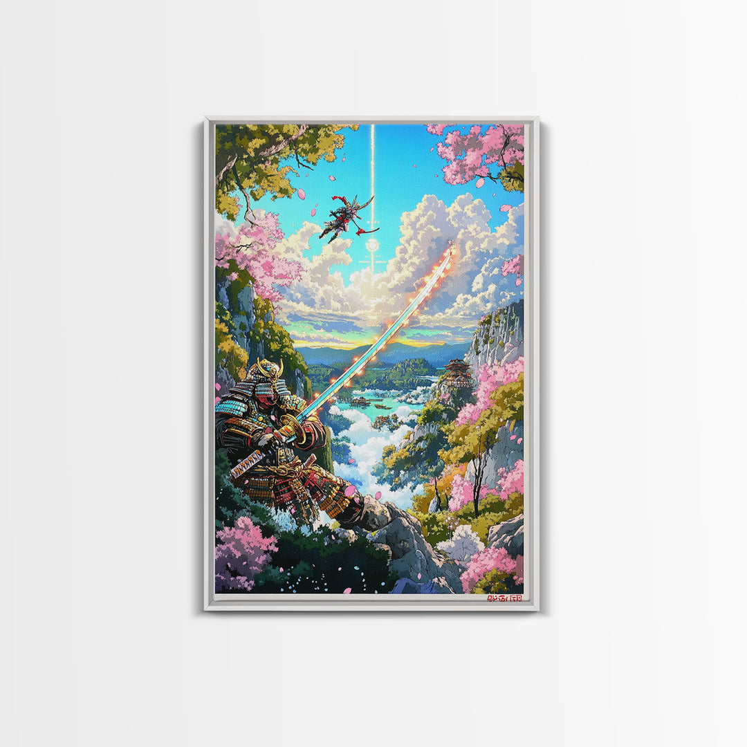 Glowing Sword Samurai Canvas Print, Japanese Wall Art, Fantasy Landscape, Cherry Blossom Decor, Warrior Art, Gaming Room Art
