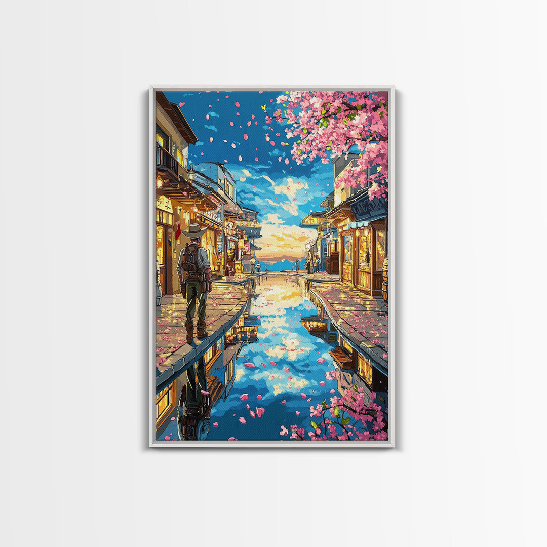 Cherry Blossom Canal Street Canvas Print, Japanese Wall Art, Kyoto Travel Poster, Reflective Water, Cozy Shop Decor, Home Decor