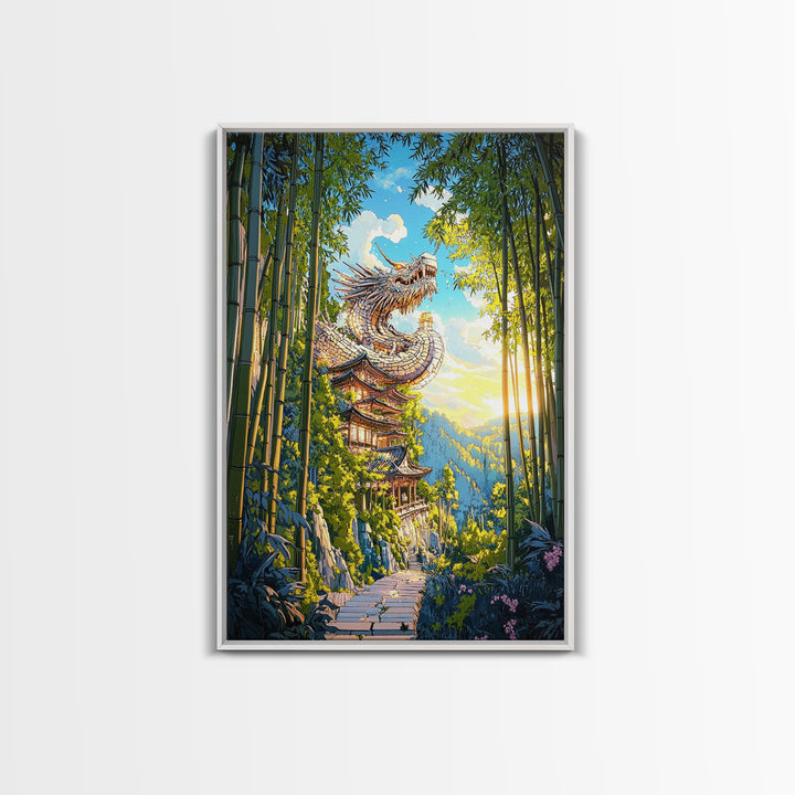 Sunlit Dragon Temple Bamboo Forest Wall Art, Japanese Fantasy Decor, Pagoda Landscape Print, Mystical Asian Home Decor Gift