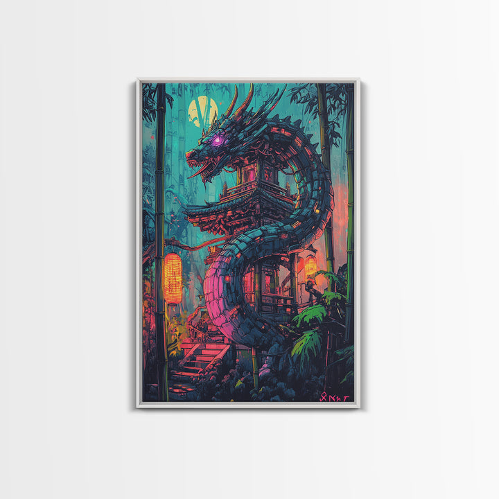 Neon Dragon Pagoda In Moonlit Bamboo Wall Art, Cyberpunk Japanese Fantasy Print, Dark Asian Decor, Gaming Room Poster Gift