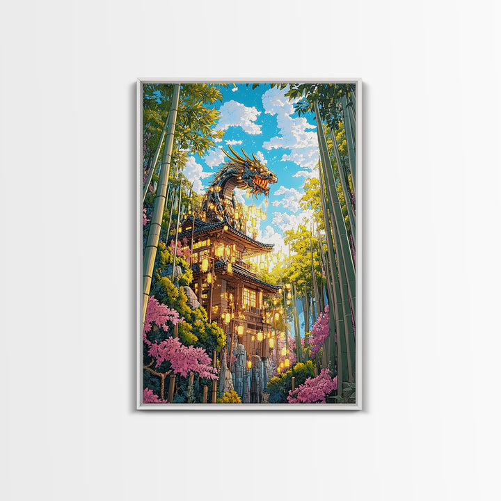 Golden Dragon Pagoda With Cherry Blossoms Canvas Print, Japanese Wall Art, Fantasy Landscape, Asian Home Decor Gift For Her