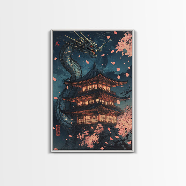 Moonlit Dragon Pagoda With Sakura Petals Framed Canvas Print, Japanese Wall Art, Dark Fantasy Decor, Cherry Blossom Poster