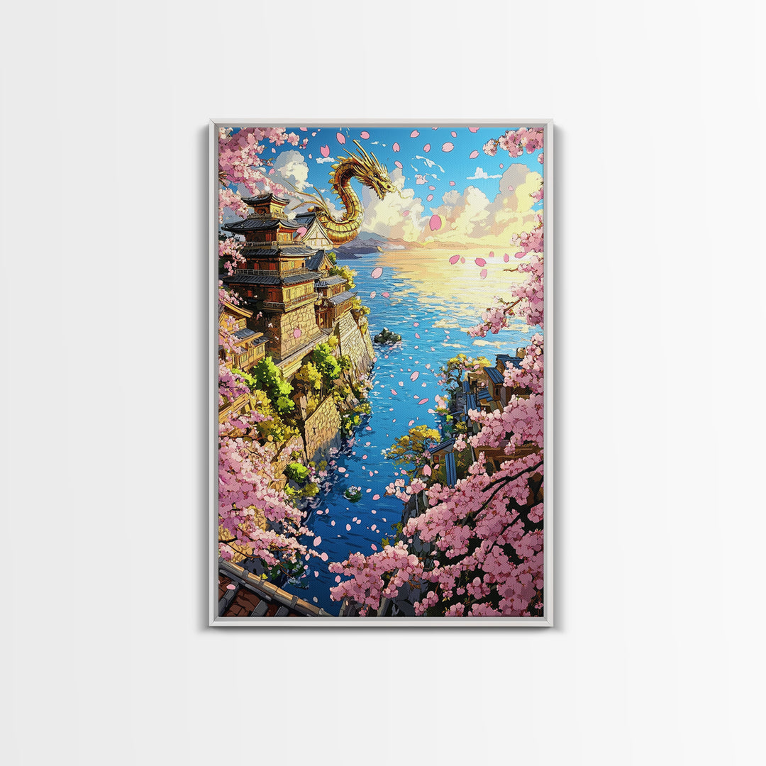 Golden Dragon Over Cherry Blossom Coastal Village Wall Art, Japanese Fantasy Seascape, Ocean Wall Decor Gift, Travel Poster
