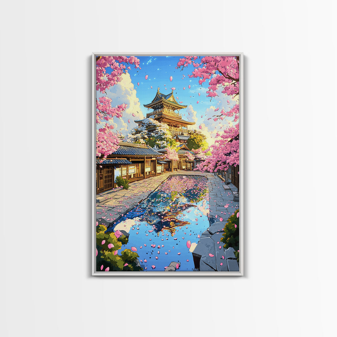 Cherry Blossom Castle Courtyard Reflection Canvas Print, Japanese Wall Art, Spring Landscape Decor, Pink Floral Art Gift