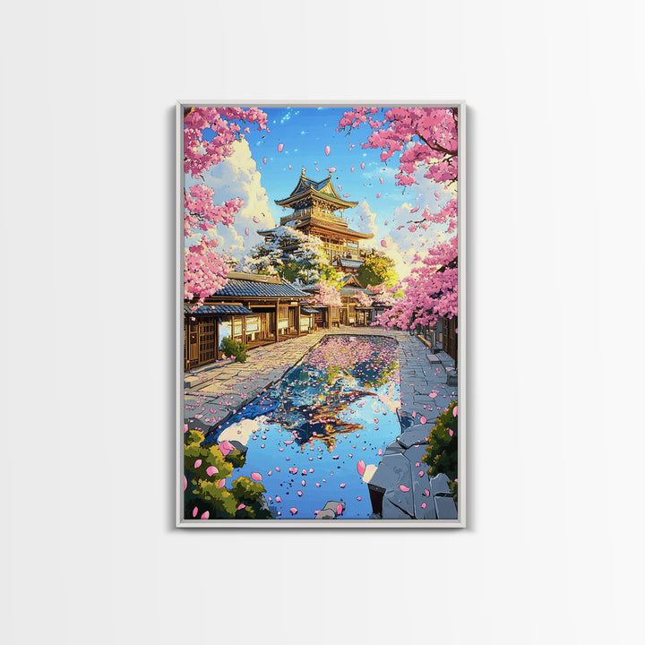 Cherry Blossom Castle Courtyard Reflection Canvas Print, Japanese Wall Art, Spring Landscape Decor, Pink Floral Art Gift