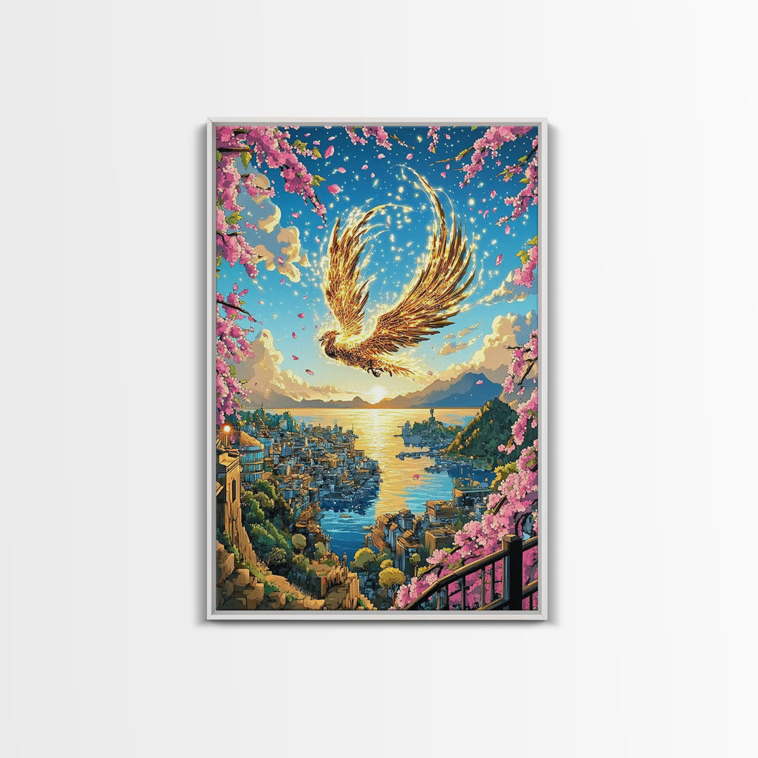 Golden Phoenix Over Harbor At Sunset Wall Art, Cherry Blossom Fantasy Print, Japanese Coastal Decor, Mythical Bird Poster