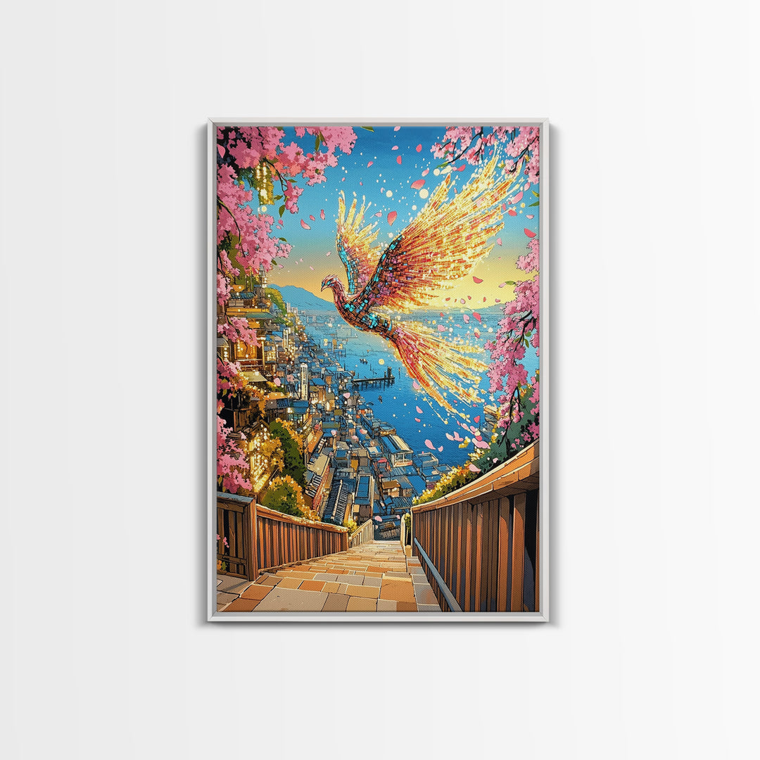 Fiery Phoenix Above Harbor Stairs Canvas Print, Cherry Blossom Japanese Wall Art, Vibrant Coastal Decor, Fantasy Gift For Her