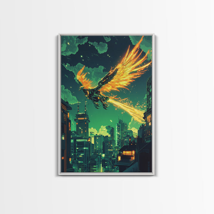 Glowing Phoenix Over Neon City Skyline Wall Art, Cyberpunk Fantasy Print, Sci Fi Decor, Futuristic Gaming Room Poster Gift