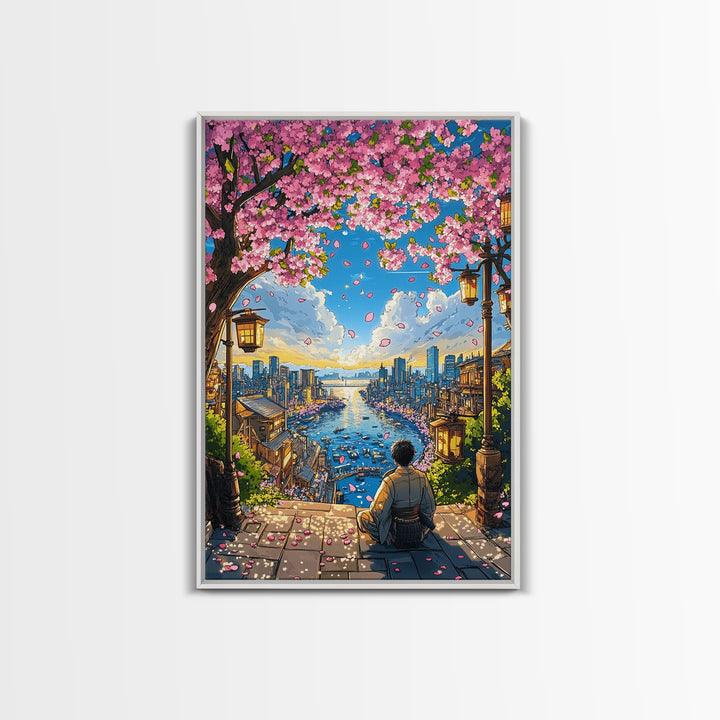 Cherry Blossom Harbor Meditation Wall Art, Japanese Anime Landscape Print, Sakura City Decor, Zen Living Room Decor, Home Decor Gift