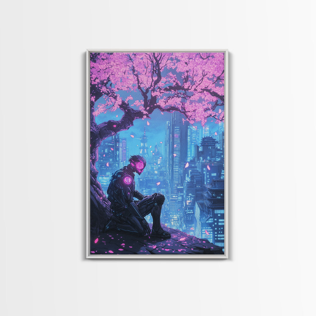Cyberpunk Samurai Under Sakura Framed Canvas Print, Futuristic City Wall Art, Neon Sci Fi Decor, Gaming Room Wall Decor, Gift For Him