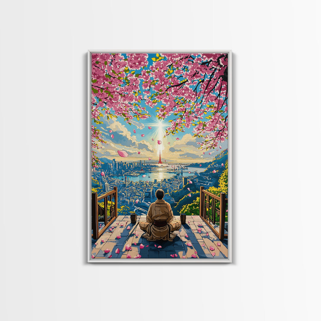 Cherry Blossom City Meditation Canvas Print, Japanese Sakura Landscape Wall Art, Zen Sunrise Decor, Modern Living Room Art