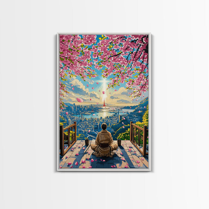 Cherry Blossom City Meditation Canvas Print, Japanese Sakura Landscape Wall Art, Zen Sunrise Decor, Modern Living Room Art