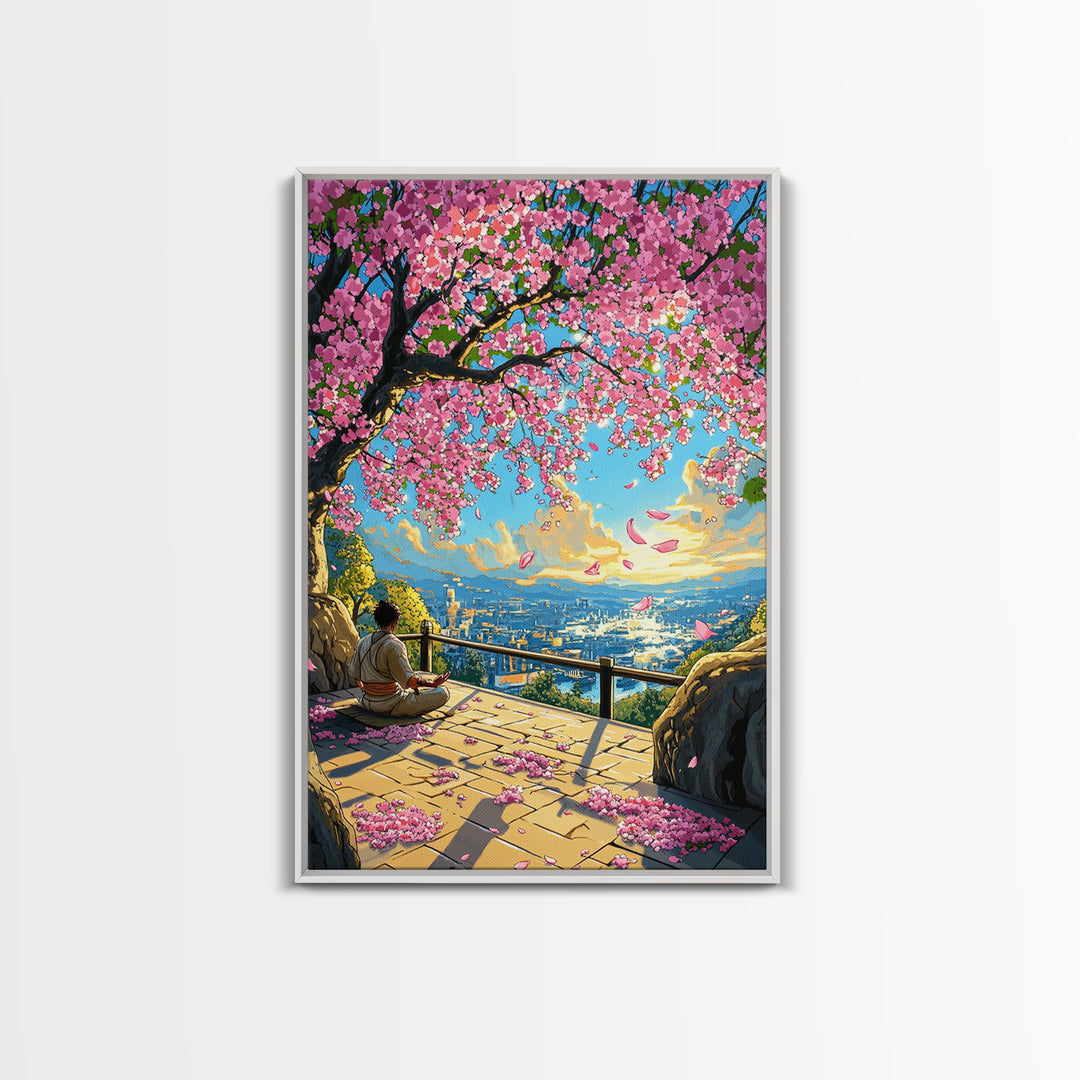 Sakura Terrace Sunset Meditation Wall Art, Japanese City Landscape Print, Cherry Blossom Decor, Zen Bedroom Wall Art, Home Decor Gift
