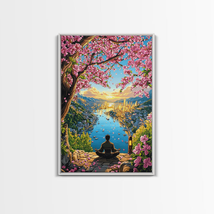 Golden Harbor Sakura Meditation Framed Canvas Print, Japanese Landscape Wall Art, Zen City Decor, Large Living Room Art Print