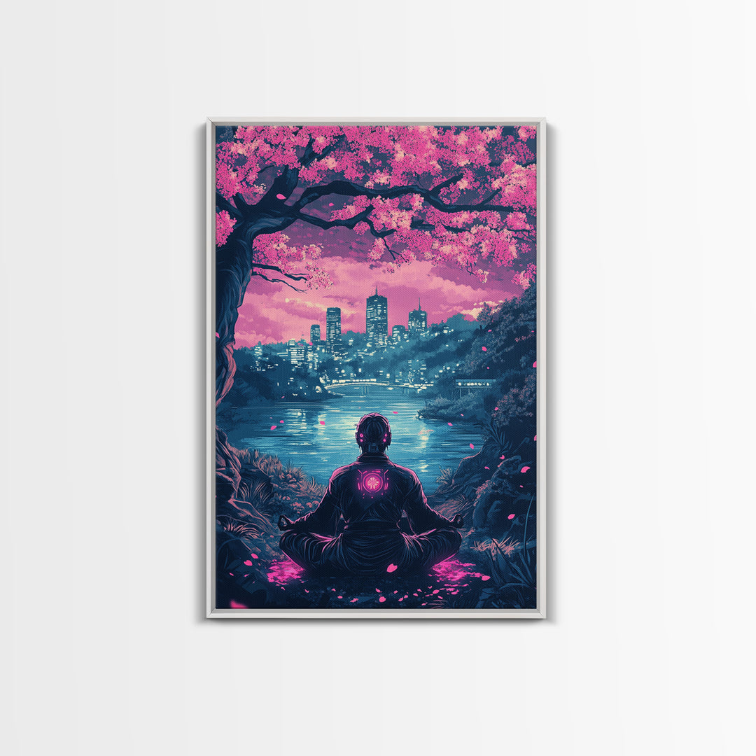 Neon Android Sakura Lake Meditation Wall Art, Cyberpunk Cityscape Print, Pink Cherry Blossom Decor, Sci Fi Bedroom Art, Gaming Room Decor
