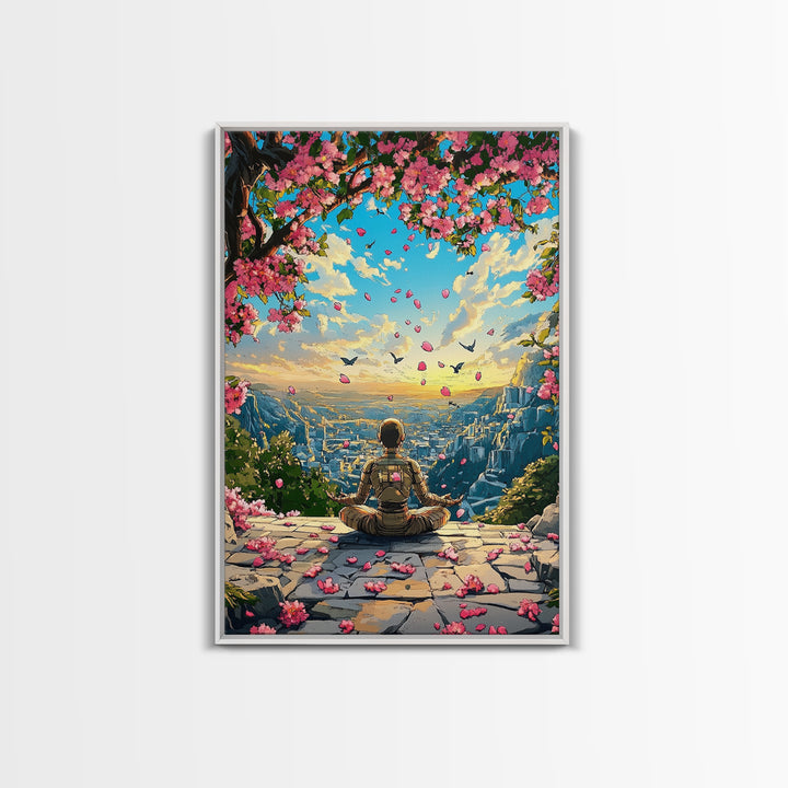 Android Meditation Sakura Valley Wall Art, Futuristic Robot Landscape Print, Cherry Blossom Decor, Japanese Anime Wall Decor