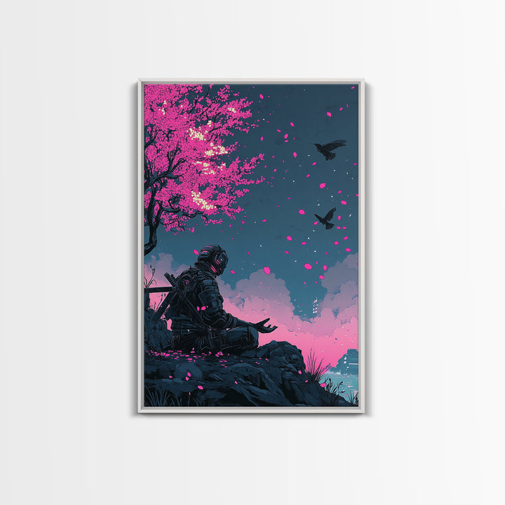Cyberpunk Warrior Sakura Night Framed Canvas Print, Neon Sci Fi Wall Art, Pink Cherry Blossom Decor, Futuristic Poster, Gift For Him