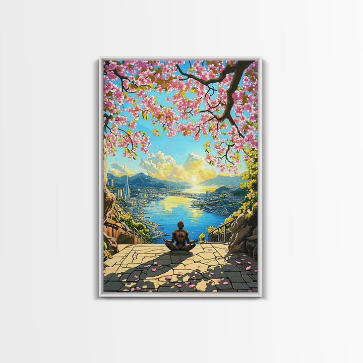 Cherry Blossom Ocean City Meditation Canvas Print, Japanese Landscape Wall Art, Sakura Sunrise Decor, Zen Home Decor Gift