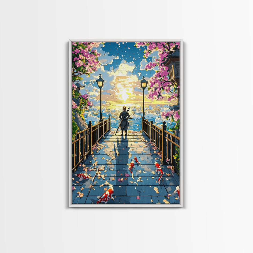Samurai On Lantern Bridge At Ocean Sunset Wall Art, Japanese Cherry Blossom Koi Print, Anime Landscape Living Room Decor