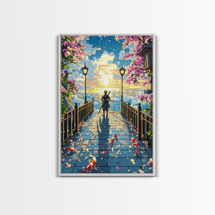 Samurai On Lantern Bridge At Ocean Sunset Wall Art, Japanese Cherry Blossom Koi Print, Anime Landscape Living Room Decor