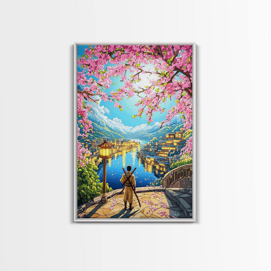 Samurai Over Lake Village With Cherry Blossoms Canvas Print, Japanese Wall Art, Anime Landscape, Travel Inspired Home Decor