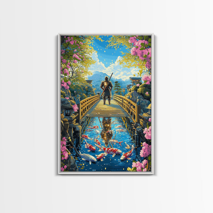Samurai On Wooden Bridge Above Koi Pond Framed Canvas Print, Japanese Wall Art, Cherry Blossom Mountain Landscape Decor Print