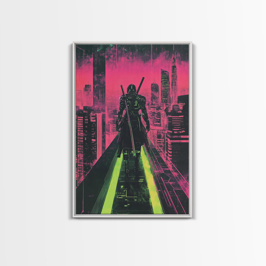 Cyberpunk Samurai On Neon Rooftop Wall Art, Futuristic Cityscape Poster, Pink Green Sci Fi Gaming Room Decor For Him Gift