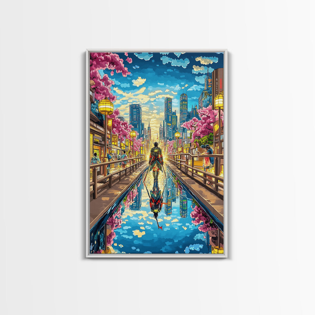 Samurai In Modern City Canal Reflection Canvas Print, Japanese Cherry Blossom Wall Art, Cyberpunk Anime Living Room Decor