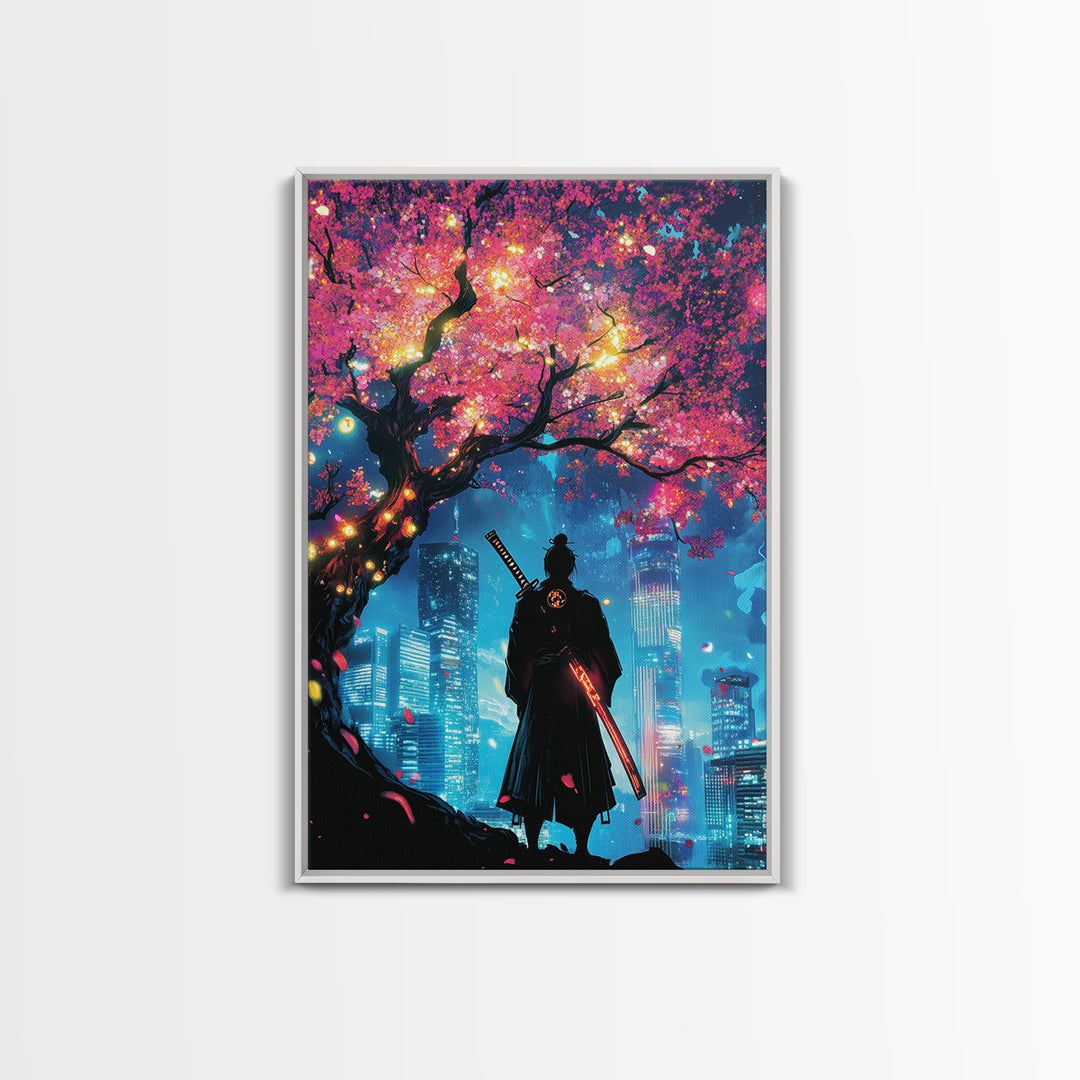 Cyberpunk Samurai Under Glowing Sakura Tree Wall Art, Neon Japanese Cityscape, Moody Anime Poster, Gaming Room Decor Gift For Him