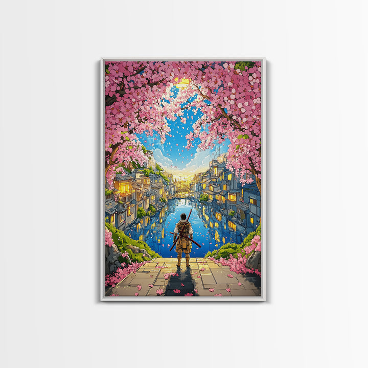 Samurai By Cherry Blossom Canal In Japanese Town Framed Canvas Print, Anime Landscape Wall Art, Cozy Living Room Decor Print
