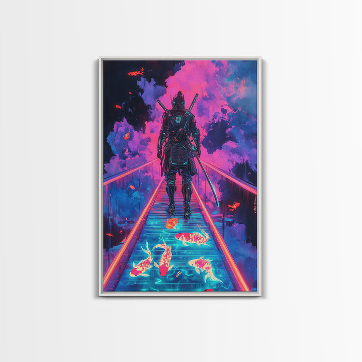 Neon Samurai On Glowing Koi Bridge Framed Canvas Print, Cyberpunk Wall Art, Surreal Japanese Anime Gaming Room Decor Gift