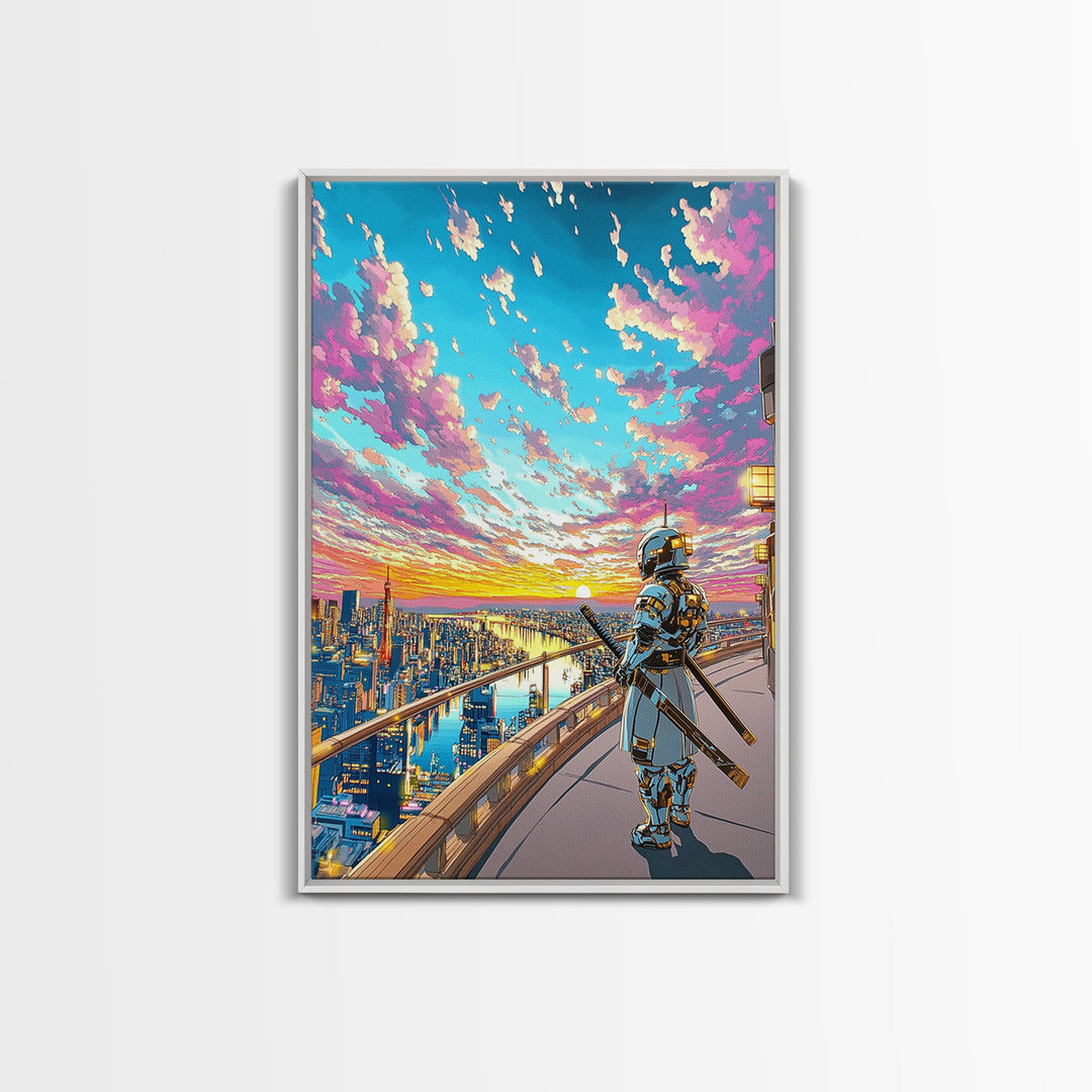 Samurai On Skyline Balcony At Pink Sunset Canvas Print, Japanese Cyberpunk Wall Art, Anime Cityscape Home Office Decor Print