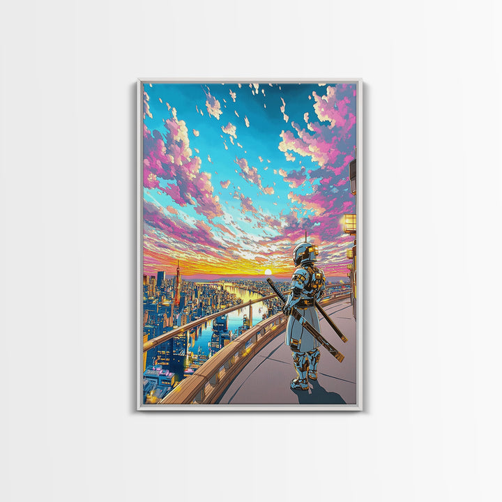 Samurai On Skyline Balcony At Pink Sunset Canvas Print, Japanese Cyberpunk Wall Art, Anime Cityscape Home Office Decor Print