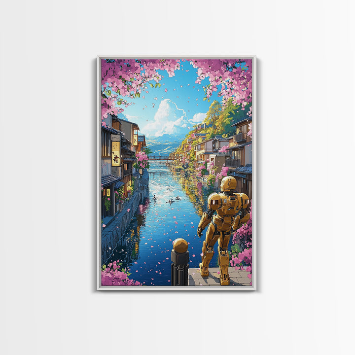 Golden Robot By Sakura Canal Wall Art, Japanese Cityscape Canvas, Futuristic Kyoto Decor, Anime Landscape Print For Living Room Decor