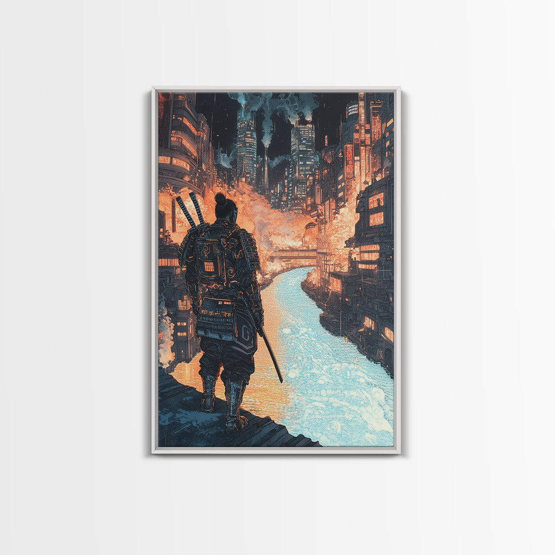Cyberpunk Samurai Over Neon Canal Framed Canvas Print, Futuristic Japanese City Wall Decor, Sci Fi Warrior Office Art Print