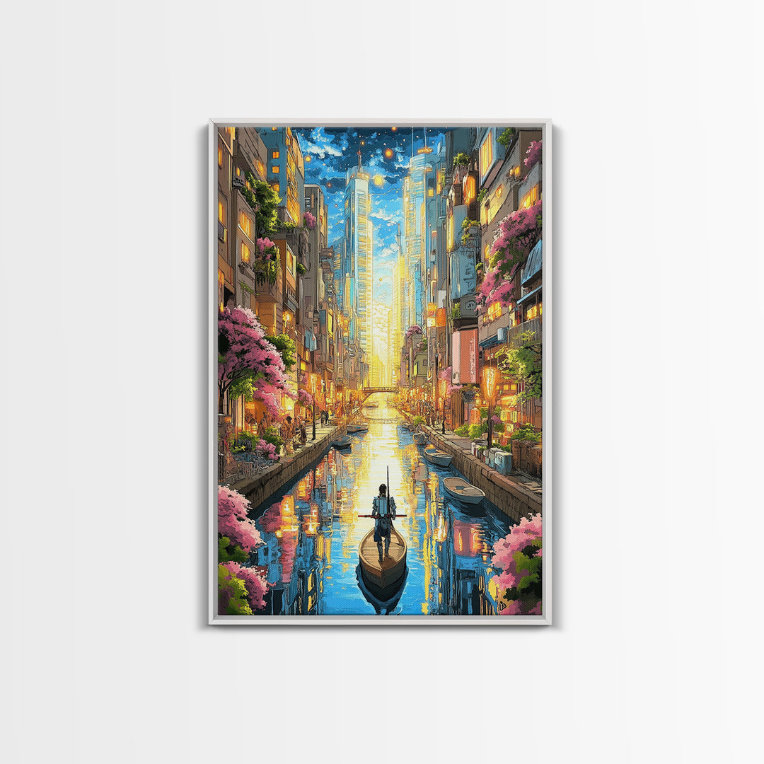 Lone Boat On Glowing Urban Canal Wall Art, Futuristic Cityscape Canvas Print, Sakura Skyline Living Room Decor, Modern Home Decor