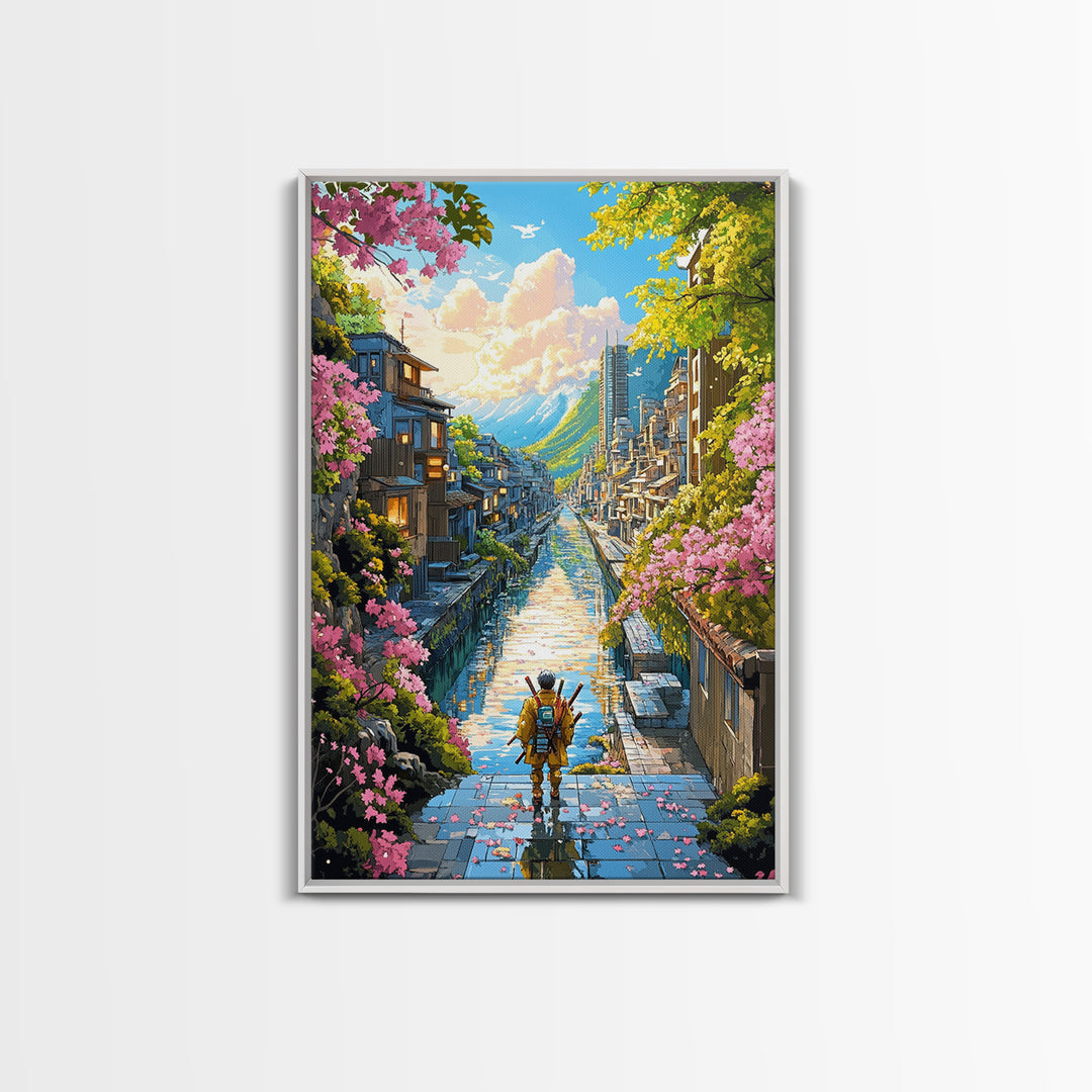 Samurai On Stone Steps Above Canal Framed Canvas Print, Japanese Mountain City Wall Art, Sakura Landscape Home Decor Gift