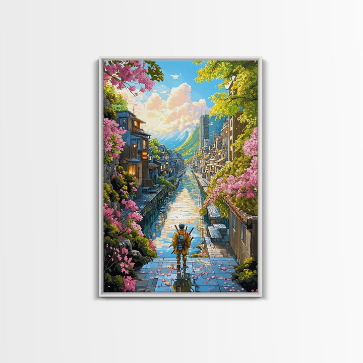 Samurai On Stone Steps Above Canal Framed Canvas Print, Japanese Mountain City Wall Art, Sakura Landscape Home Decor Gift