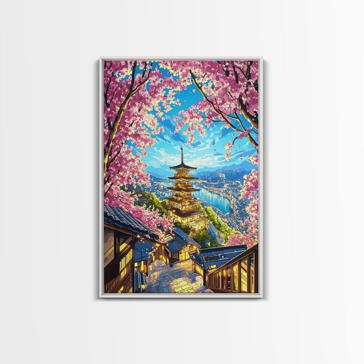 Golden Pagoda Above Blue Harbor Wall Art, Cherry Blossom Japanese Landscape Canvas Print, Kyoto Travel Home Decor Gift For Her