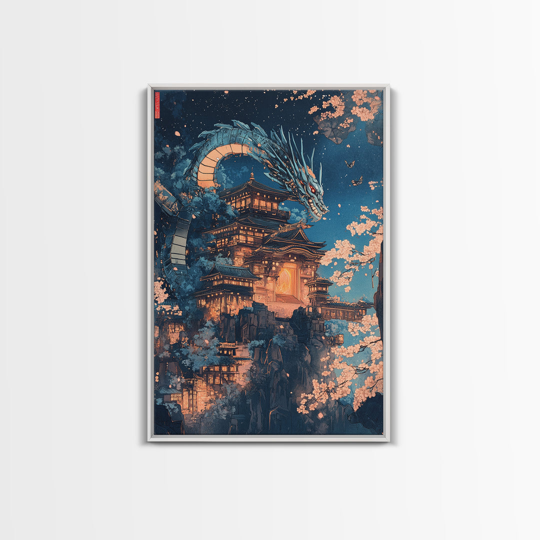 Moonlit Dragon Over Ancient Castle Canvas Print, Japanese Fantasy Wall Art, Sakura Nightscape Gothic Home Decor Mythical Gift