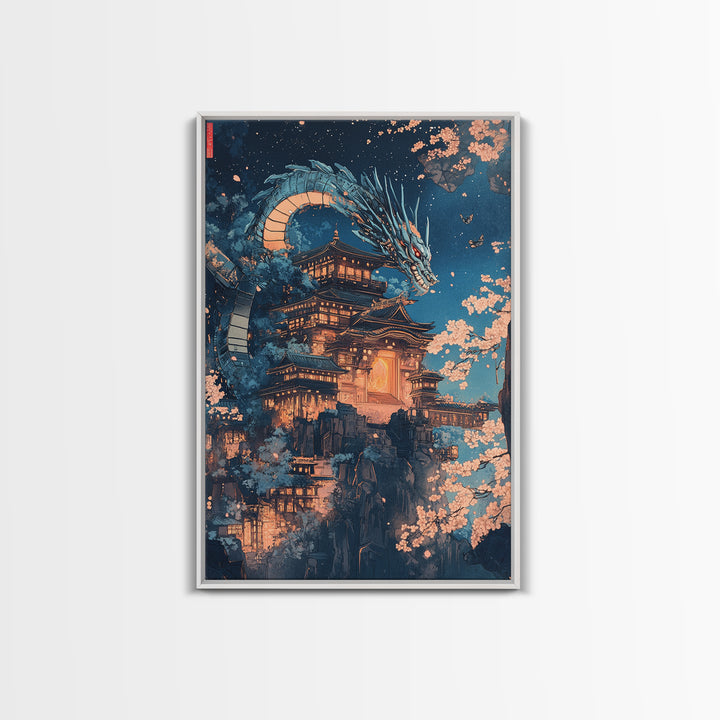Moonlit Dragon Over Ancient Castle Canvas Print, Japanese Fantasy Wall Art, Sakura Nightscape Gothic Home Decor Mythical Gift