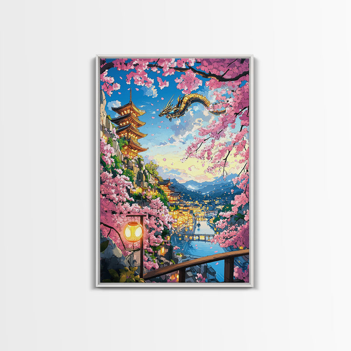 Flying Dragon Above Sakura Pagoda Framed Canvas Print, Japanese Fantasy Landscape Wall Art, Pink Cherry Blossom Decor Print